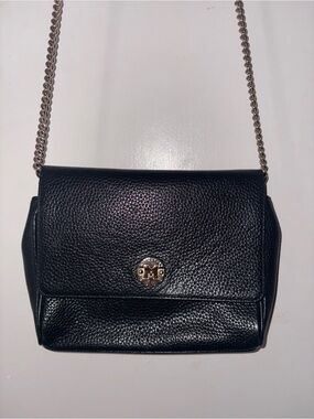 Black Pebbled Leather Crossbody with Silver Chain